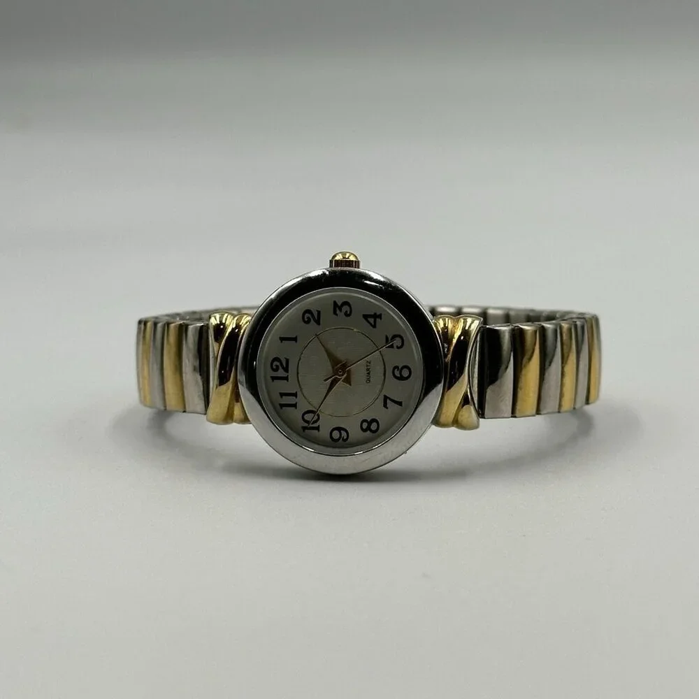 3/$30 Two Tone Watch Women Gold Silver Easy Read Dial Stretch Band New Battery